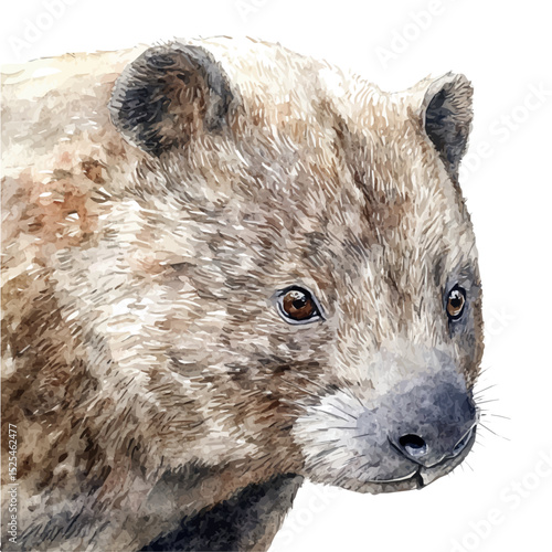 Wombat Close Up, watercolor vector, high quality, isolated on a white background.