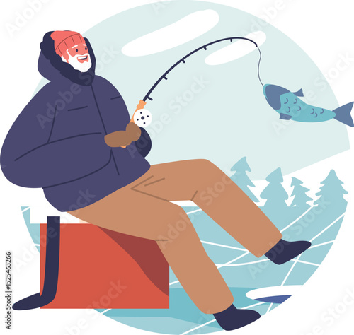 Excited fisherman with rod vector illustration