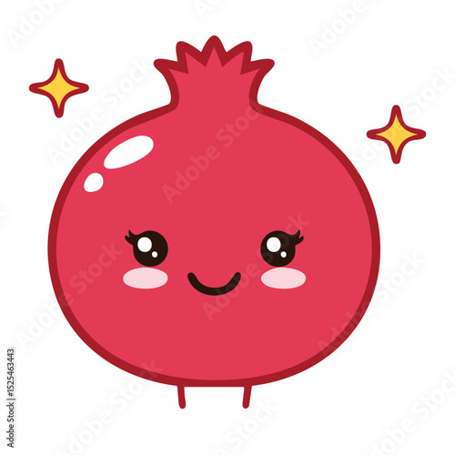A cartoon pomegranate with a cute face and sparkling stars