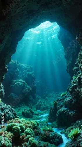 Underwater world with sunlight filtering through a cave in ocean  
