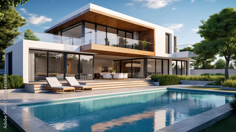 Obraz premium A photo of a modern house with a backyard pool
