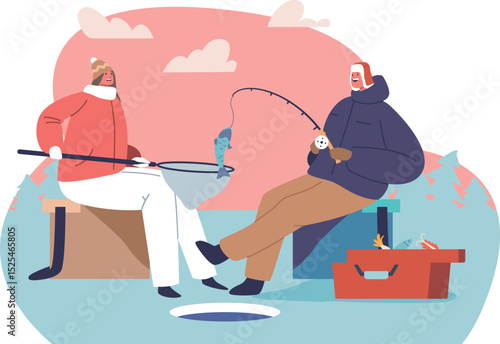 Family couple enjoying winter fishing