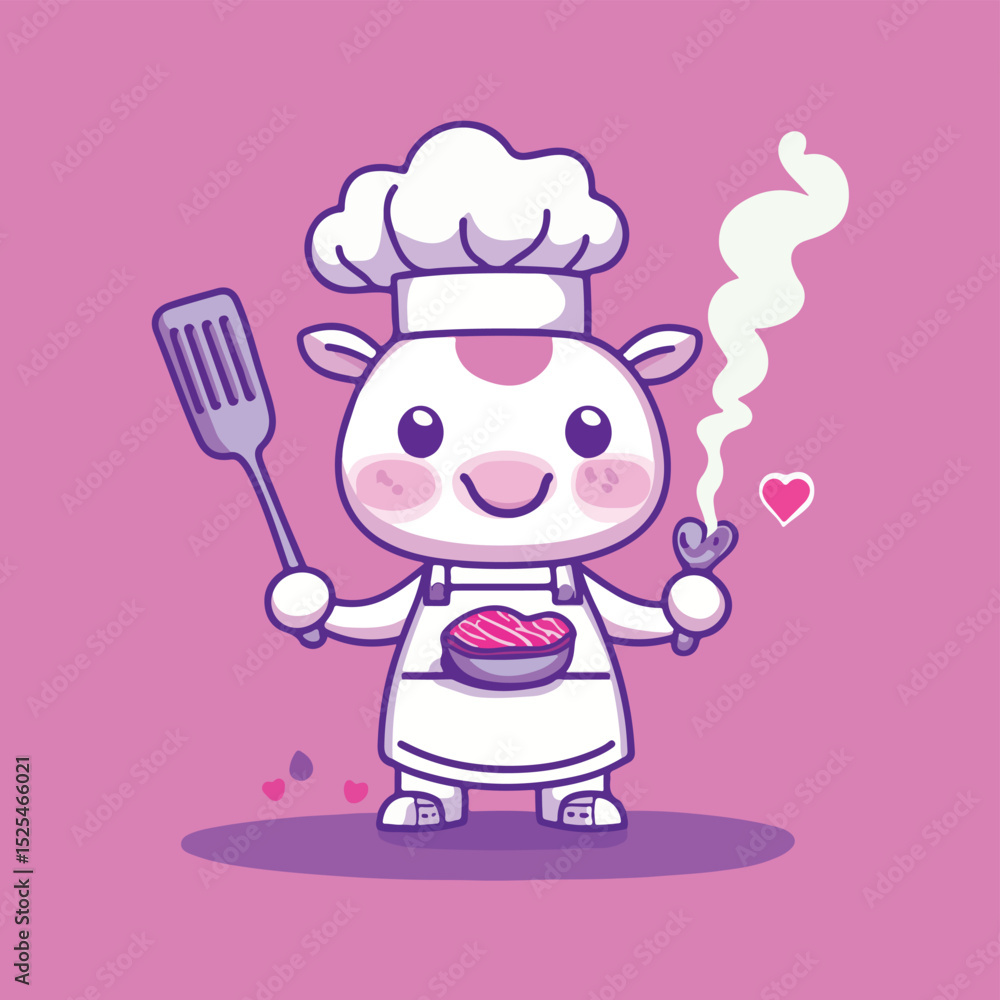 Cute Cow Chef Cartoon Character Cooking with Love Holding Spatula and Heart Skewer on a Pink Background Vector Illustration Cute Cow Chef Cartoon Character Cooking with Love Holding Spatula and Heart Skewer on a Pink Background Vector Illustration