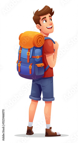 Back View of Young Male Backpacker Looking Ahead Vector Illustration