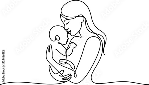  continuous line art of a mother holding her baby. The elegant single line captures the tender moment of a mother kissing her child. It symbolizes maternity, love, and the bond between mother and baby