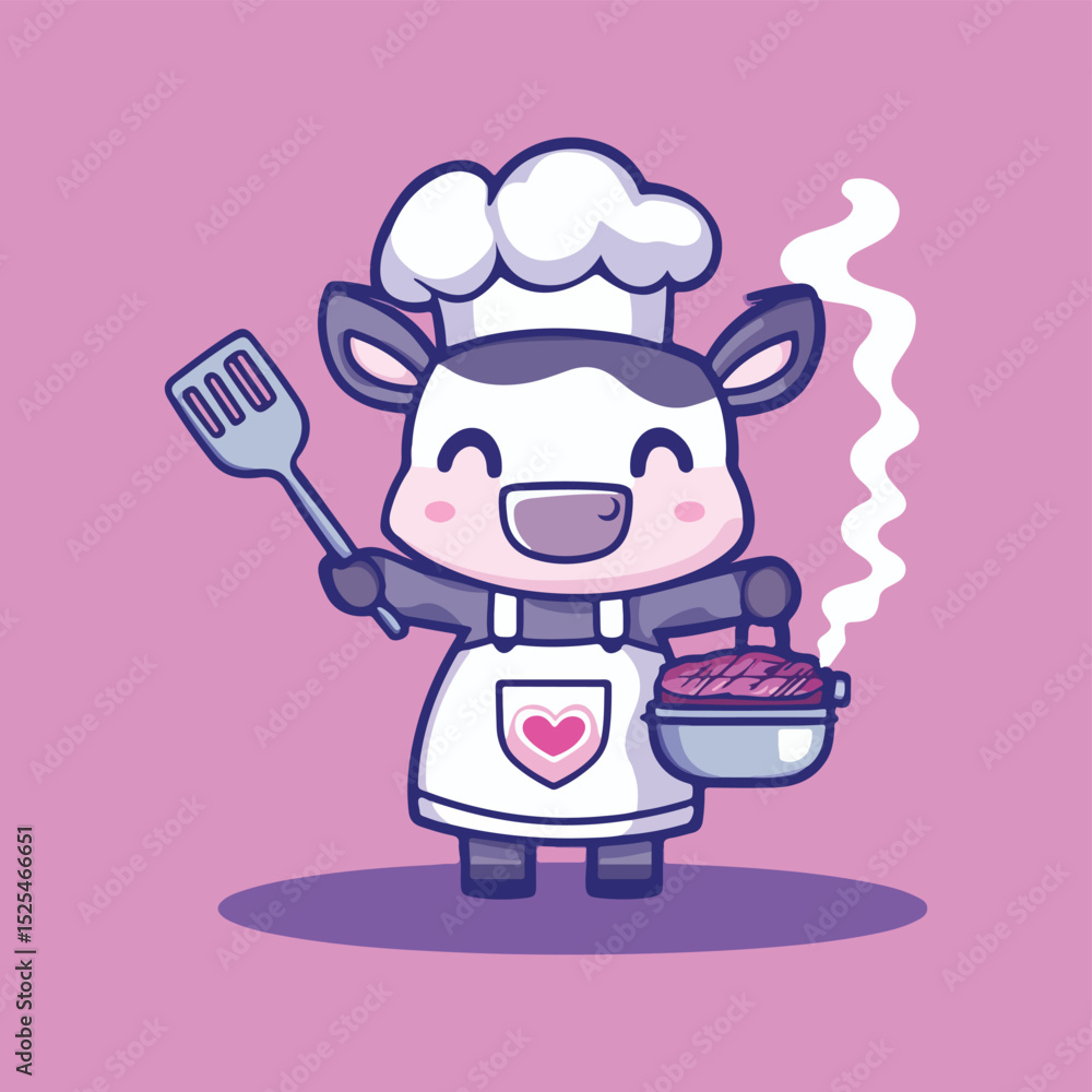 Cute Cow Chef Cartoon Illustration with Spatula and Grill Ready to Cook Delicious Food on a Pink Background Perfect for Kids and Food Lovers Cute Cow Chef Cartoon Illustration with Spatula and Grill Ready to Cook Delicious Food on a Pink Background Perfect for Kids and Food Lovers