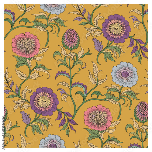 A vibrant vintage-inspired seamless pattern with ornate hand-drawn florals in shades of pink, purple, lavender, and soft blue, set against a rich mustard yellow background. The graceful Baroque compos