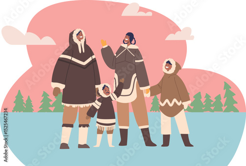 Happy Eskimo parents and children
