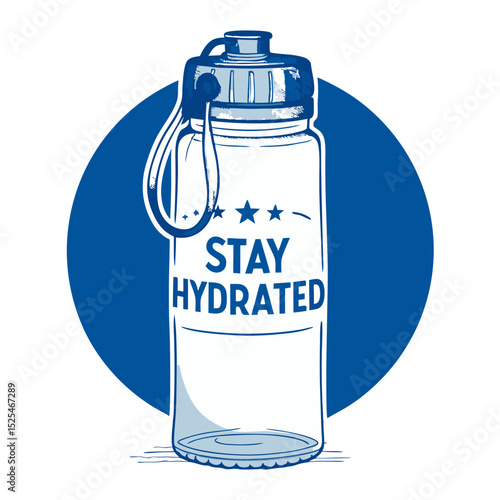 A clear water bottle with a motivational "Stay Hydrated" message in a blue design on a transparent background