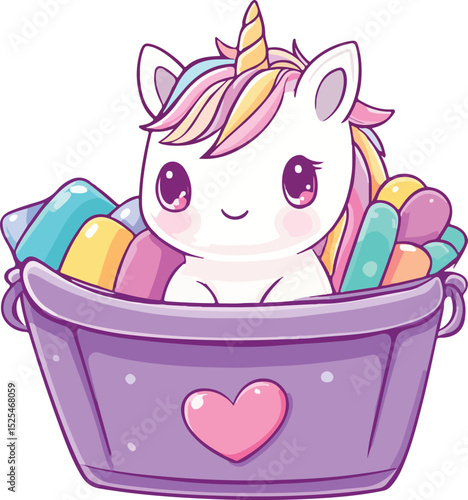 Cute Cartoon Unicorn Sitting in a Purple Bucket Filled with Colorful Candies Isolated on White Background Kawaii Style Illustration