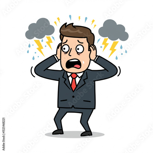 Frightened Businessman with Thunderstorm Phobia Cartoon Vector Illustration