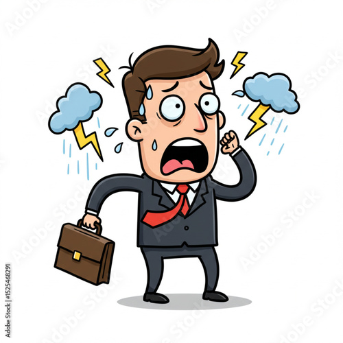 Frightened Businessman with Thunderstorm Phobia Cartoon Vector Illustration