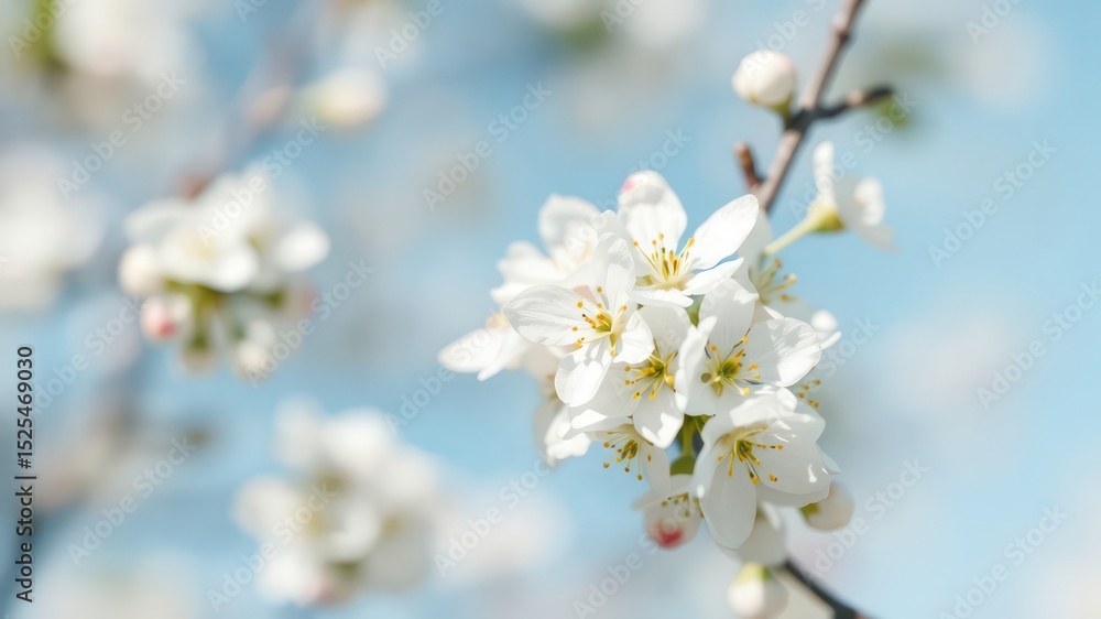 Softly Focused Blossoms Displaying Delicate White Petals and Yellow Stamens Against a Gentle Sky Softly Focused Blossoms Displaying Delicate White Petals and Yellow Stamens Against a Gentle Sky
