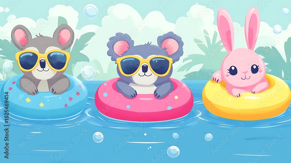 Fototapeta premium Flat vector pack showing playful animals like a sloth, koala, and rabbit in oversized sunglasses, sitting in donut and flamingo floaties, with a bright pool backdrop and bubbles. Created using: Figma,