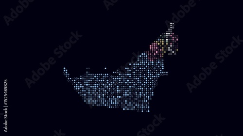 United Arab Emirates dotted animation. Shape of the country built of pulsating colored dots. Small circle blocks. Digital style map on a dark background. Vibrant video.