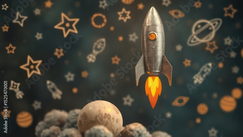 Fototapeta Naklejka Na Ścianę i Meble -  Rocket ship taking off into space amid planets and stars represents exploration, adventure, and future aspirations