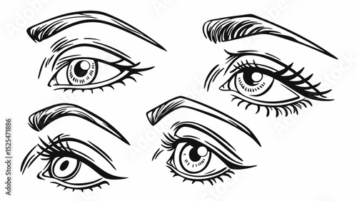 Four pairs of stylized eyes with distinct eyebrow shapes and lash designs