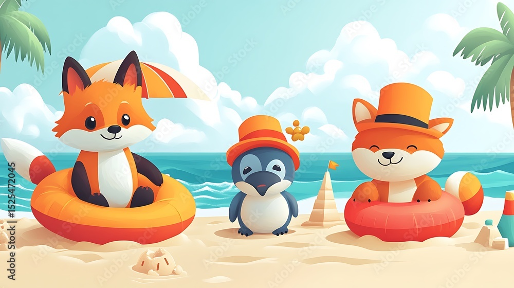 Fototapeta premium Stylized vector scene of summer animals—fox, penguin, and bear—wearing beach hats and floaties, playing near the shoreline, sun umbrellas and sandcastles scattered nearby. Created using: CorelDRAW,