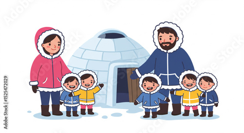 Cartoon Eskimo family with parents and children near snow yurt, vector illustration