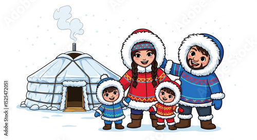 Inuit Family Cartoon Characters Set Near Snow Yurt Vector Illustration