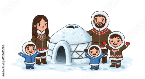 Inuit Family Cartoon Characters Set Near Snow Yurt Vector Illustration