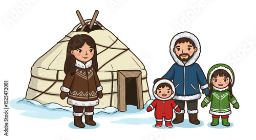 Inuit Family Cartoon Characters Set Near Snow Yurt Vector Illustration