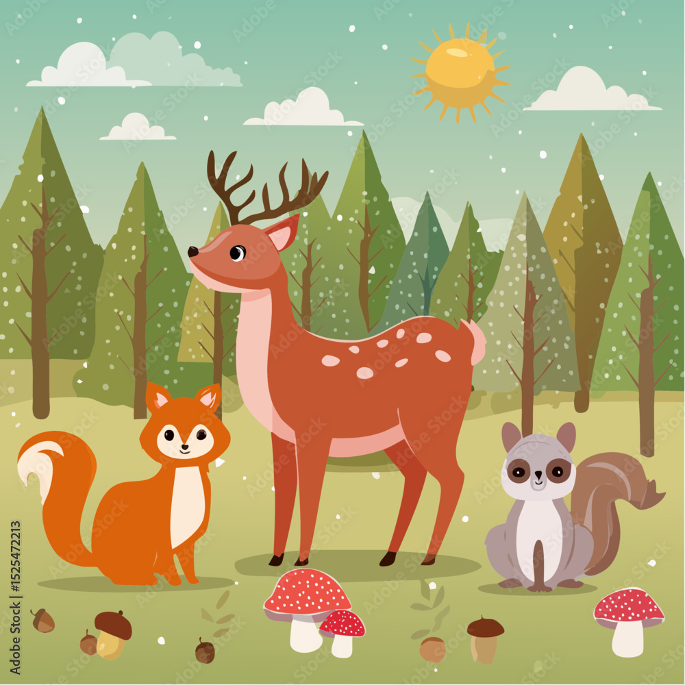 Obraz premium Forest Friends – Deer, owls, squirrels around mushrooms and acorns. 
