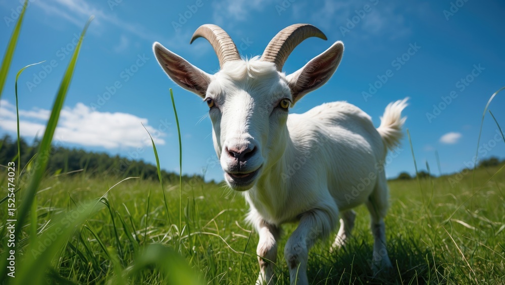 Obraz premium A white goat with curved horns standing in a grassy field under a blue sky with clouds.