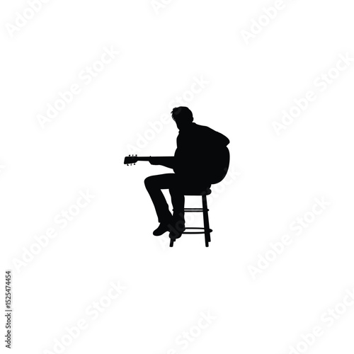 Electric guitar player performing on stage with blue guitar and amplifier silhouette