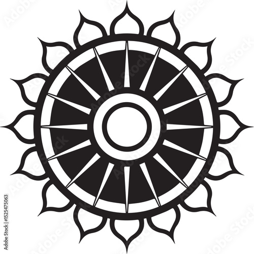Dharmachakra Symbol in Black and White Buddhist Wheel of Dharma