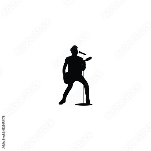 Electric guitar player performing on stage with blue guitar and amplifier silhouette