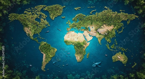 Green Earth World Map from Above with Forest Continents, Blue Ocean, and Save the Planet.