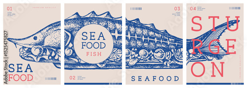 Set of modern magazine covers or posters with sturgeon fish. Restaurant seafood menu design. Vector illustration