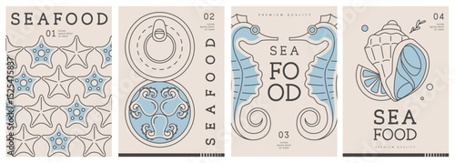 Set of modern magazine covers or posters with line art seafood. Restaurant seafood menu design. Vector illustration