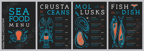 Restaurant line art seafood menu design with lobster, crab, fish and oysters. Vector illustration