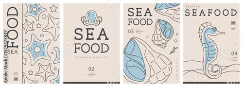 Set of modern magazine covers or posters with line art seafood. Restaurant seafood menu design. Vector illustration