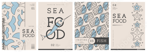 Set of modern magazine covers or posters with line art seafood. Restaurant seafood menu design. Vector illustration