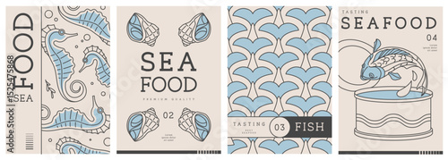 Set of modern magazine covers or posters with line art seafood. Restaurant seafood menu design. Vector illustration