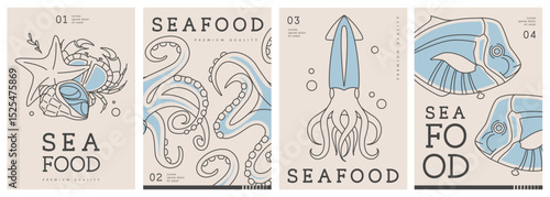 Set of modern magazine covers or posters with line art seafood. Restaurant seafood menu design. Vector illustration