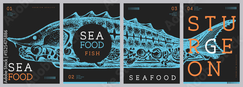 Set of modern magazine covers or posters with sturgeon fish. Restaurant seafood menu design. Vector illustration