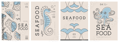 Set of modern magazine covers or posters with line art seafood. Restaurant seafood menu design. Vector illustration