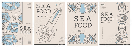 Set of modern magazine covers or posters with line art seafood. Restaurant seafood menu design. Vector illustration