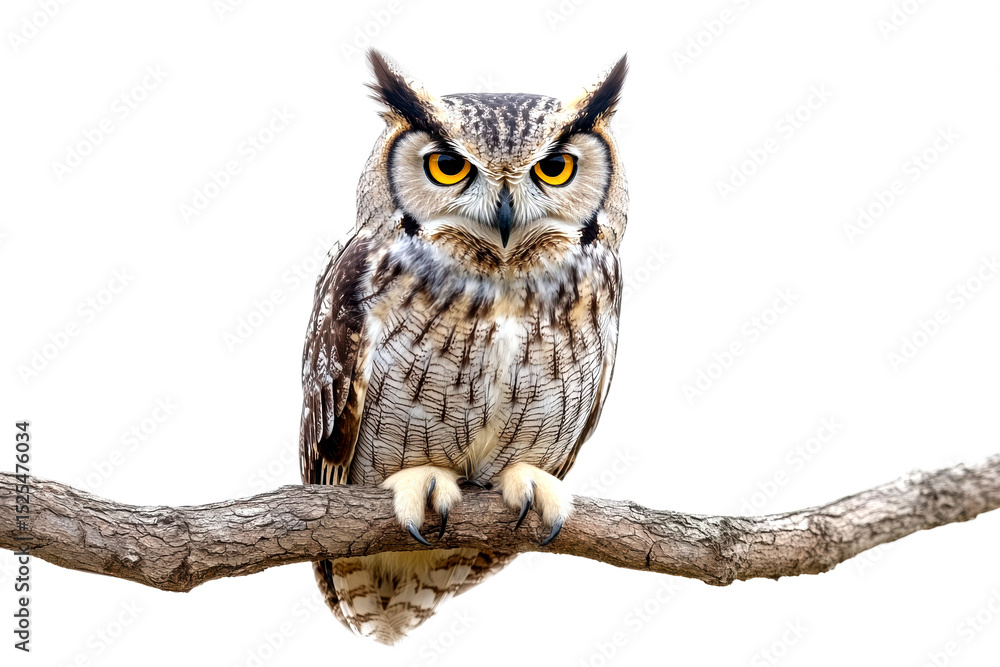 Fototapeta premium Majestic owl perched on a branch wildlife bright close-up view isolated on transparent background