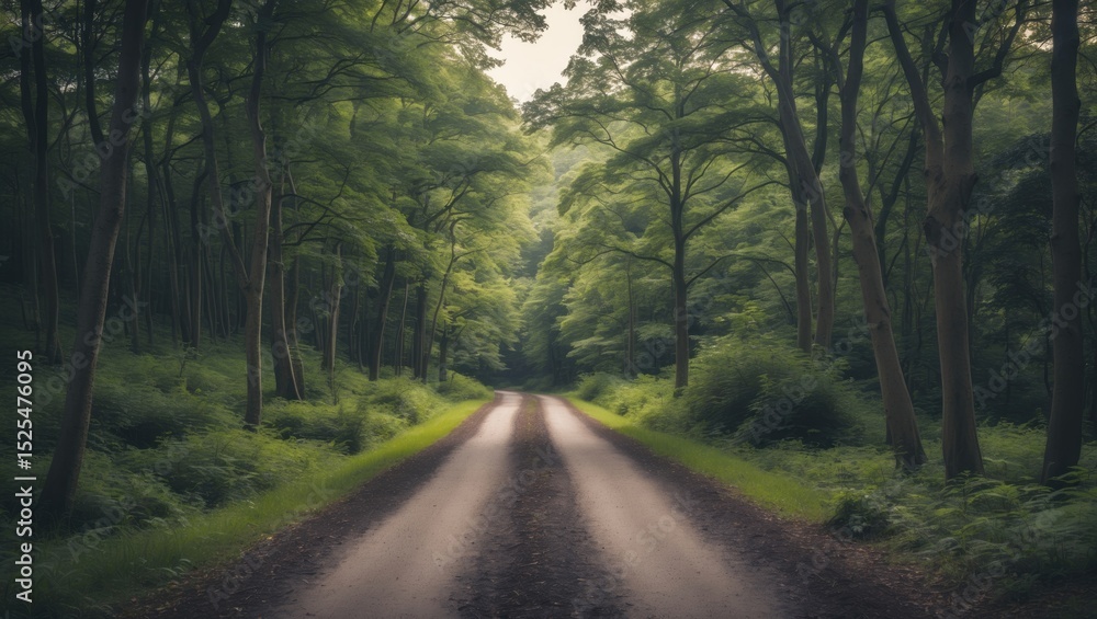 Obraz premium A dirt road through a lush green forest with tall trees and dense foliage. Nature and tranquility, concept. Forests and outdoor scenery. The idea of peaceful natural environments