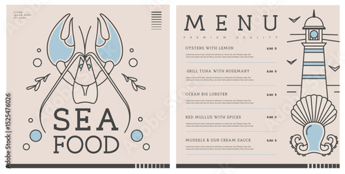 Restaurant line art seafood menu design with lobster, octopus, lighthouse and scallop. Vector illustration