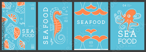 Set of modern magazine covers or posters with line art seafood. Restaurant seafood menu design. Vector illustration