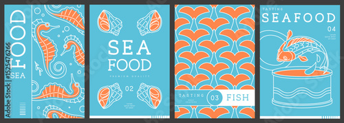 Set of modern magazine covers or posters with line art seafood. Restaurant seafood menu design. Vector illustration