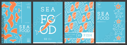 Set of modern magazine covers or posters with line art seafood. Restaurant seafood menu design. Vector illustration