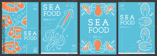 Set of modern magazine covers or posters with line art seafood. Restaurant seafood menu design. Vector illustration
