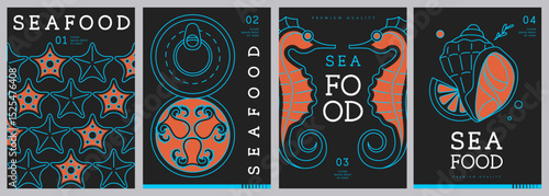 Set of modern magazine covers or posters with line art seafood. Restaurant seafood menu design. Vector illustration